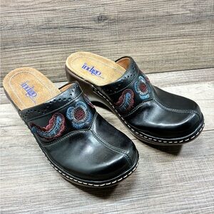 Black Embroidered Leather Clogs